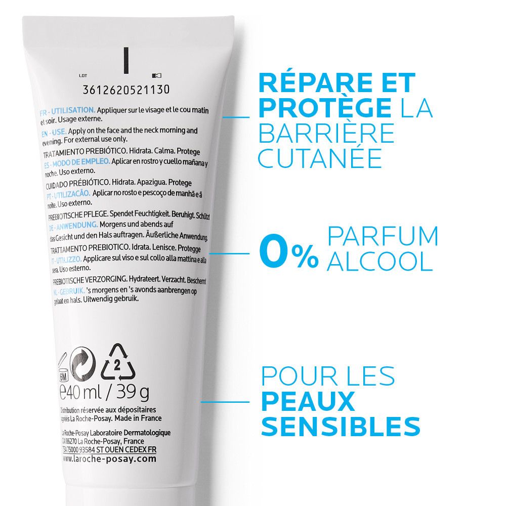 Dos du tube. Texte : 40 ml/39 g. Texte : Répare et protège la barrière cutanée. 0% alcool.