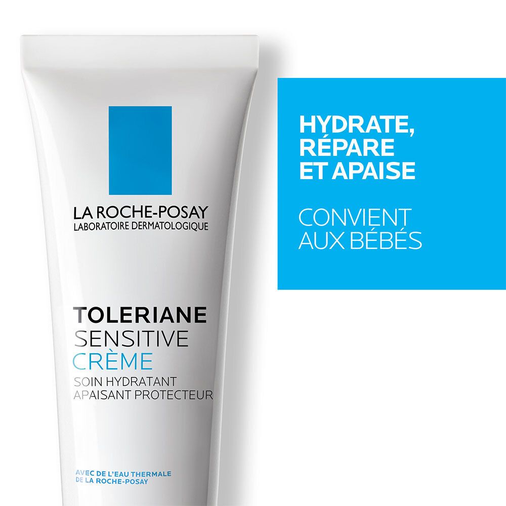 Tube blanc avec carré bleu. Texte : LA ROCHE-POSAY, Toleriane Sensitive Crème. Texte : Hydrate, répare, apaise.