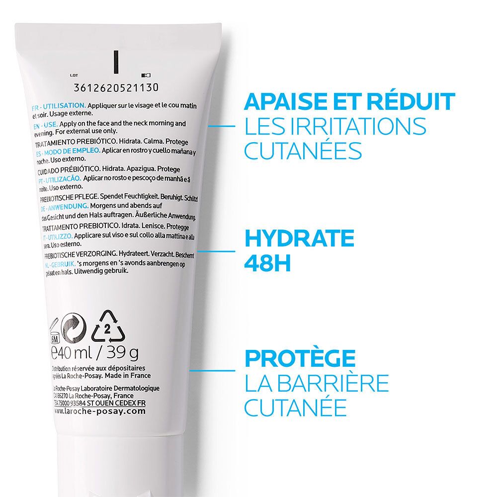 Dos du tube. Texte : 40 ml/39 g. Texte : Apaise et réduit les irritations cutanées. Hydrate 48h.