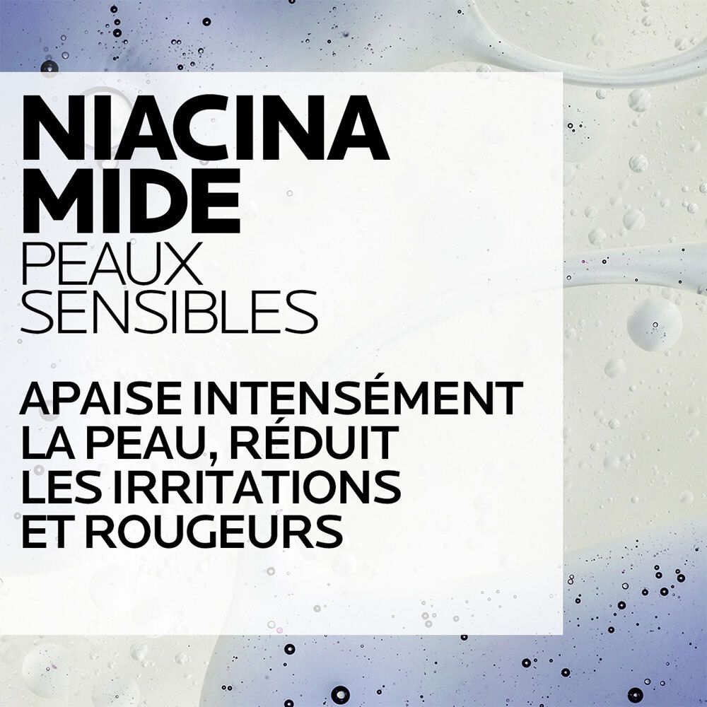 Texte sur fond blanc. Texte : Niacinamide, peaux sensibles. Apaise, réduit irritations et rougeurs.