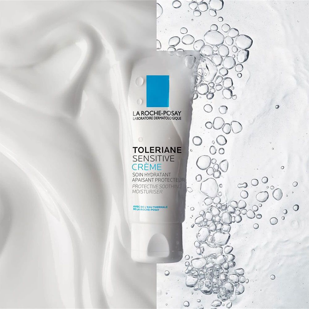 Tube et eau. Texte : LA ROCHE-POSAY, Toleriane Sensitive Crème. Eau et texture crème.