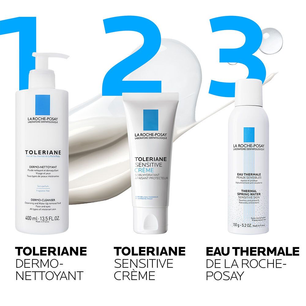Trois produits. Texte : Toleriane Dermo-Nettoyant, Toleriane Sensitive Crème, Eau Thermale.