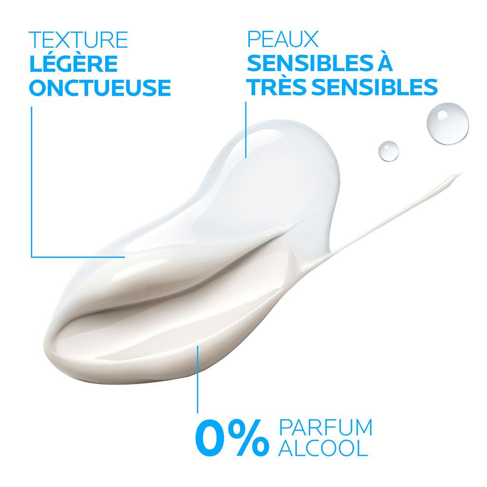 Texture crème. Texte : Texture légère. 0% alcool, parfum. Pour peaux sensibles.