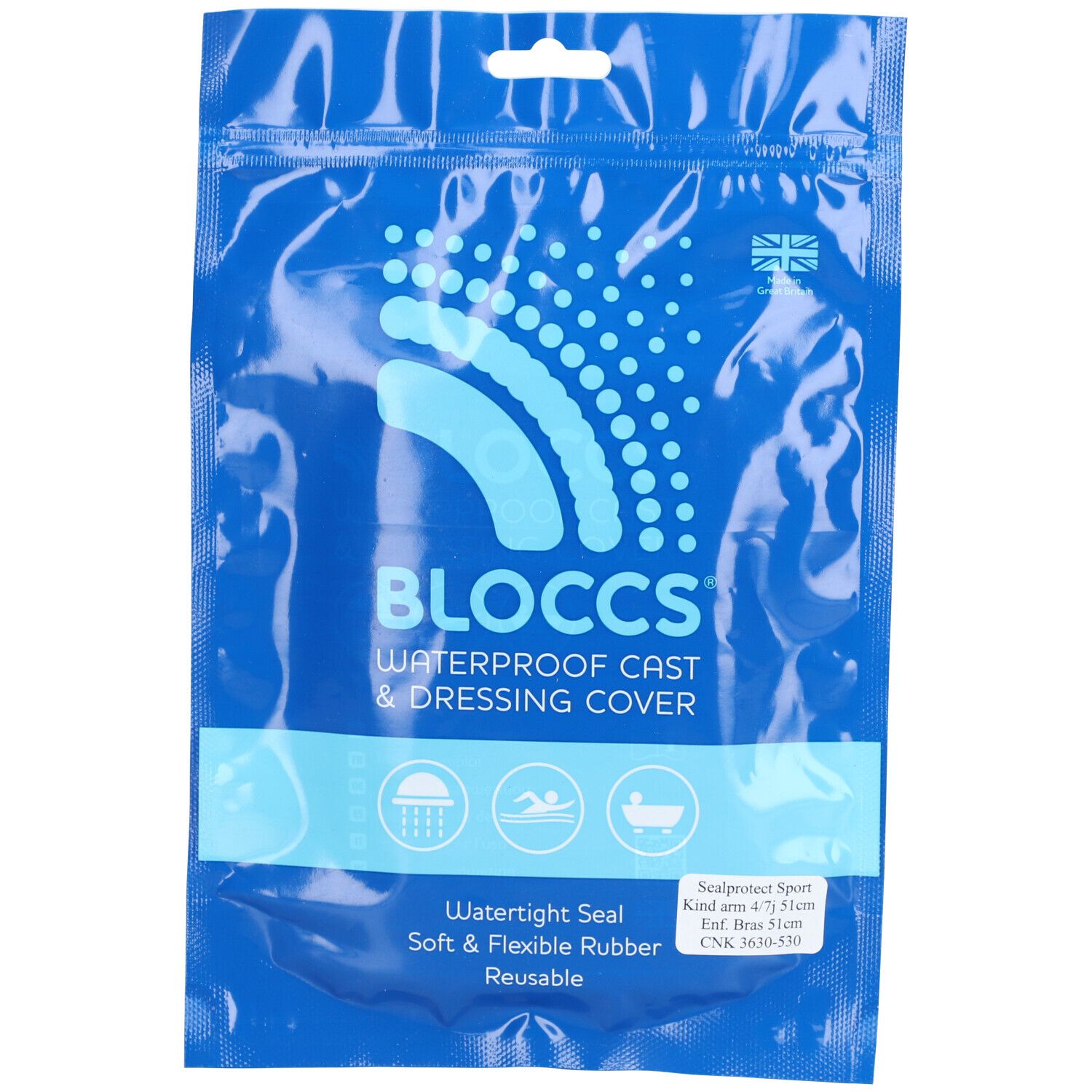 Blaue Verpackung mit "BLOCCS"-Logo. Wasserdichter Gips- und Verbandschutz. Enthält Piktogramme und Text.