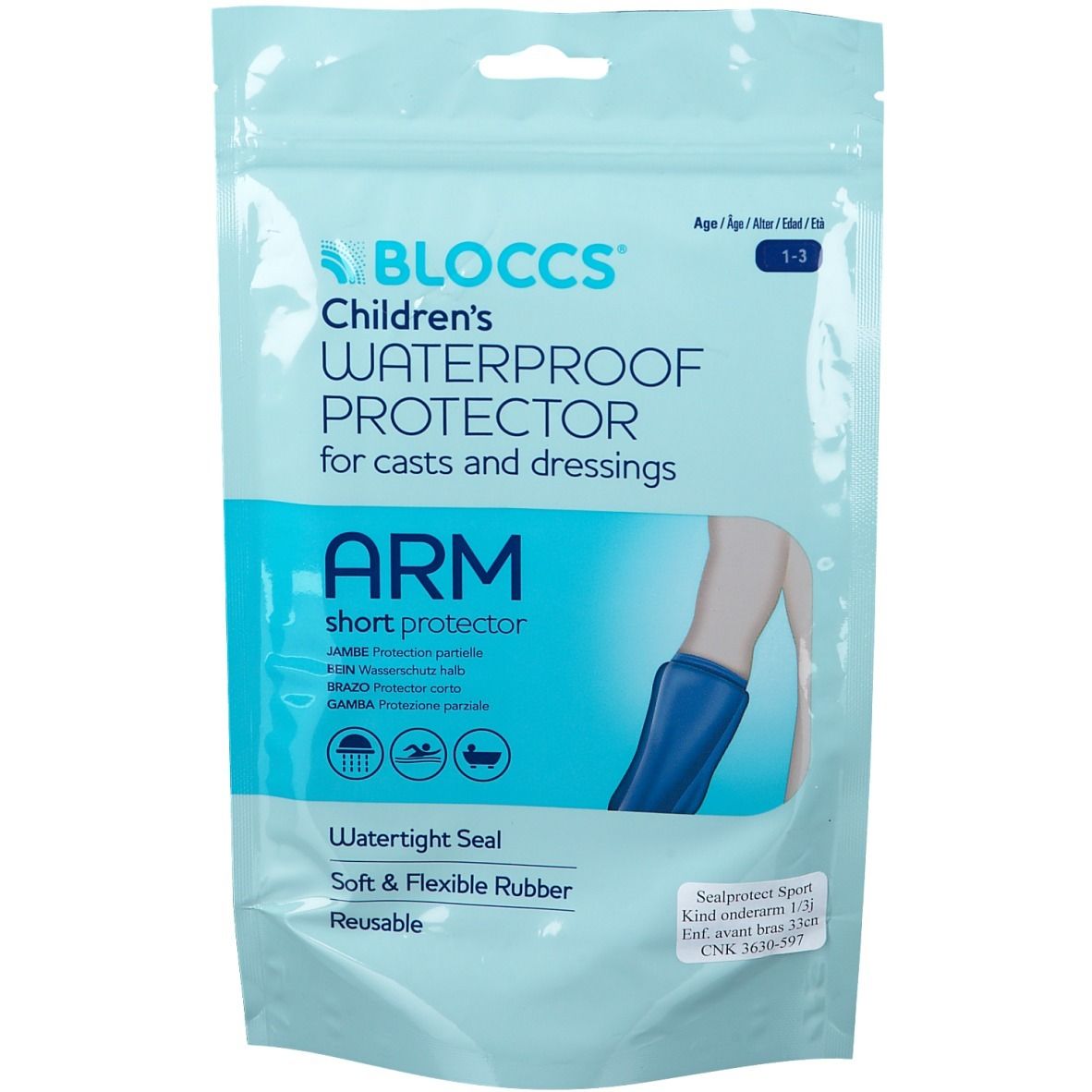 Emballage bleu Bloccs pour enfants. Protection étanche pour plâtres et pansements. Caoutchouc souple et flexible. Texte en anglais.