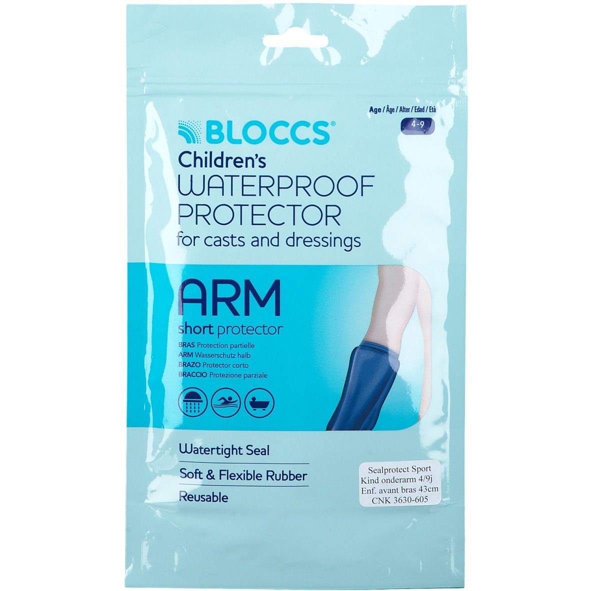 Verpackung des Blooccs Wasserdichter Gipsschutz Arm. Blaue Tasche mit Produktabbildung und Text. Wasserdichter Armschutz für Kinder.