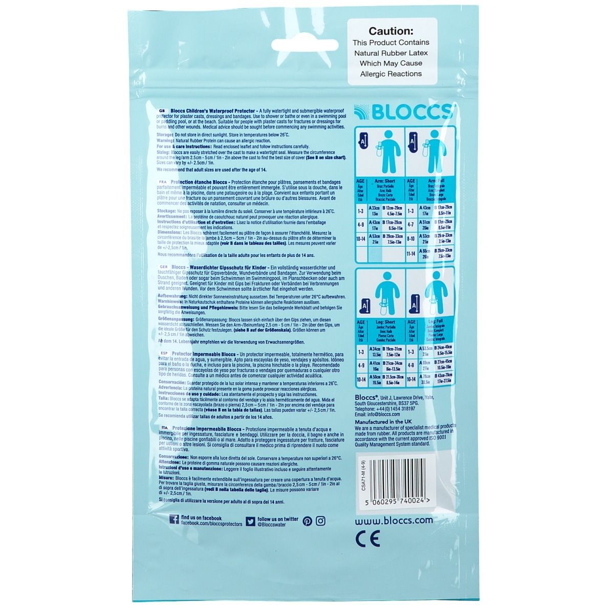 Rückseite der Blooccs Verpackung. Enthält Informationen und Größentabellen. Warnhinweis: Enthält Latex, kann allergische Reaktionen auslösen.