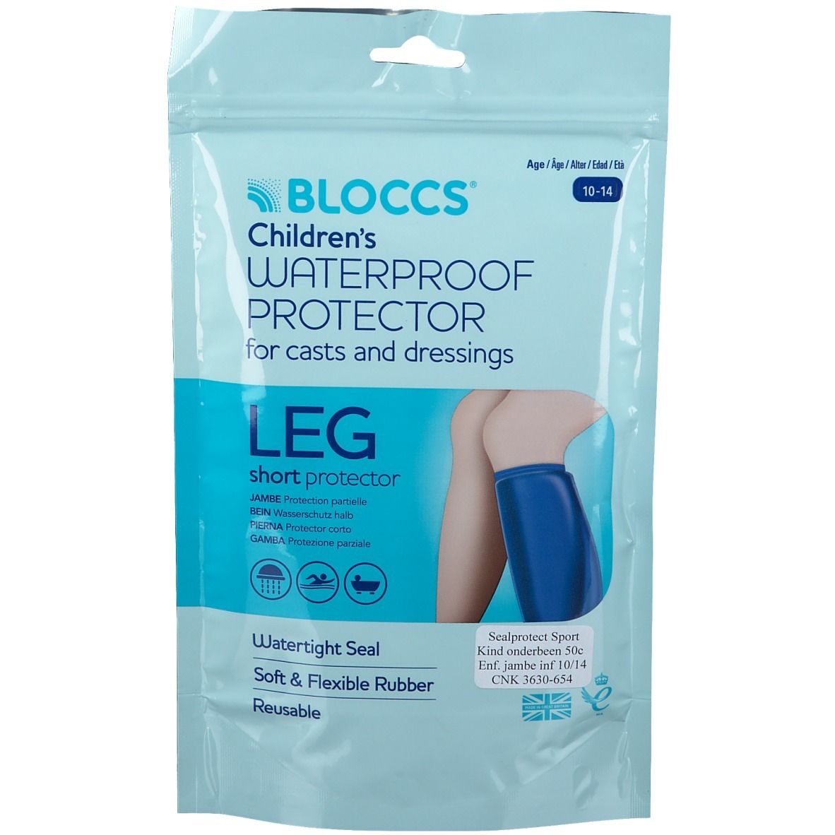 Emballage Bloccs® pour jambe, bleu. Pour enfants, étanche, réutilisable. Contient du latex.