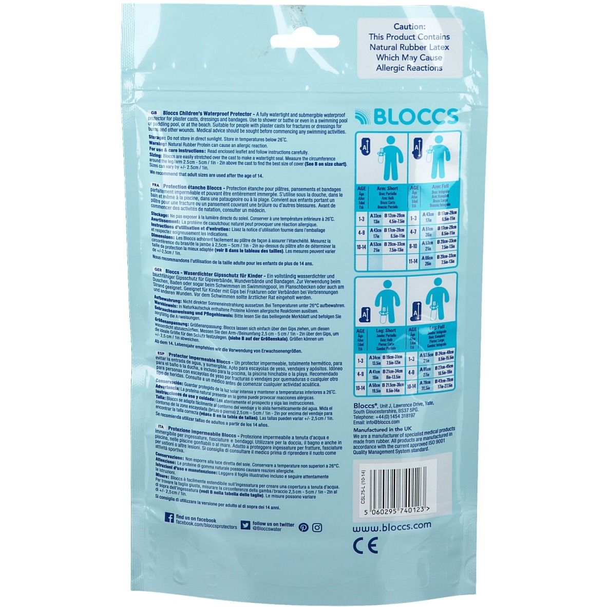 Dos de l'emballage Bloccs® pour jambe. Informations d'utilisation, tailles et avertissement : contient du latex.