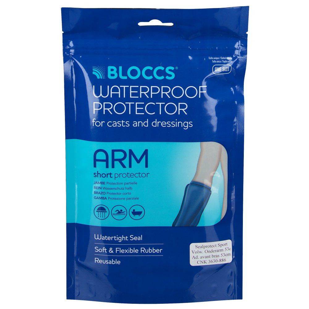 Emballage bleu avec nom et description du produit. Montre un protecteur de bras. Contient des informations sur la taille et l'utilisation.