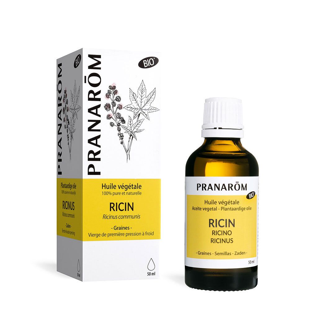 PRANAROM Rizinusöl-Fläschchen und Verpackung. Bio-Zertifizierung. Aufschrift: Ricin, Huile végétale.