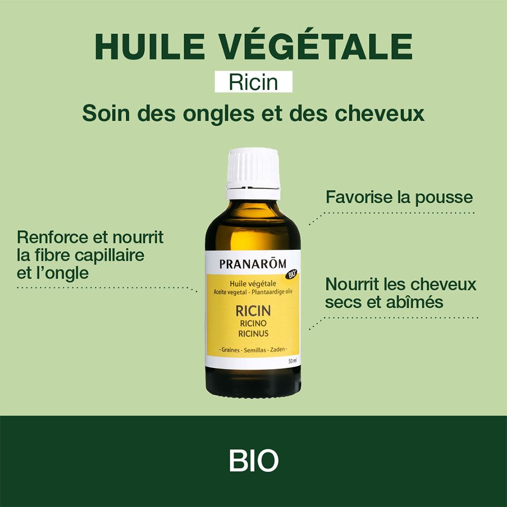 PRANAROM Rizinusöl-Fläschchen. Text: Huile végétale Ricin. Für Nägel und Haare. Bio-Zertifizierung.