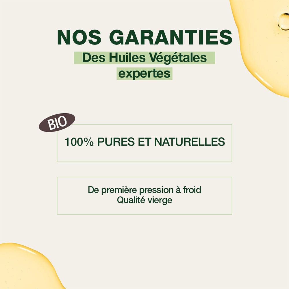Text: Unsere Garantien. 100% reine und natürliche Pflanzenöle. Kaltgepresst. Bio-Zertifizierung.