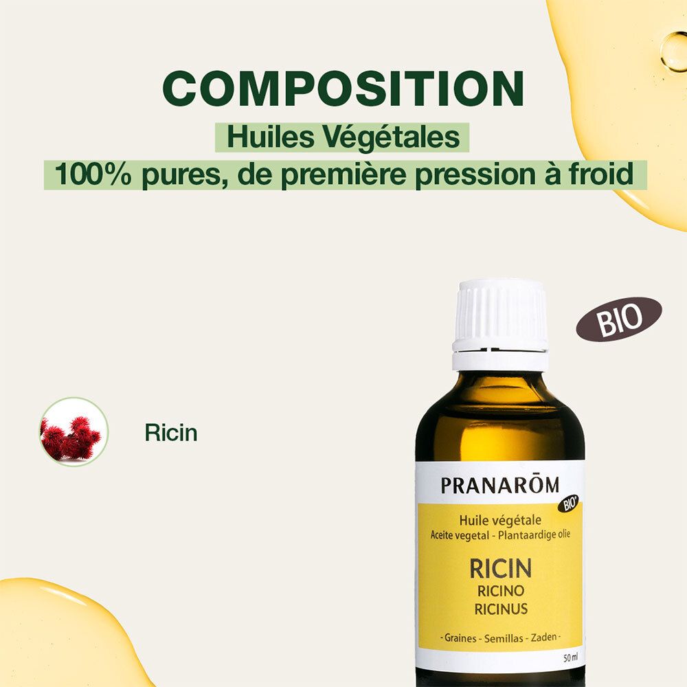 PRANAROM Rizinusöl-Fläschchen. Text: Huiles Végétales. 100% rein, kaltgepresst. Bio-Zertifizierung.