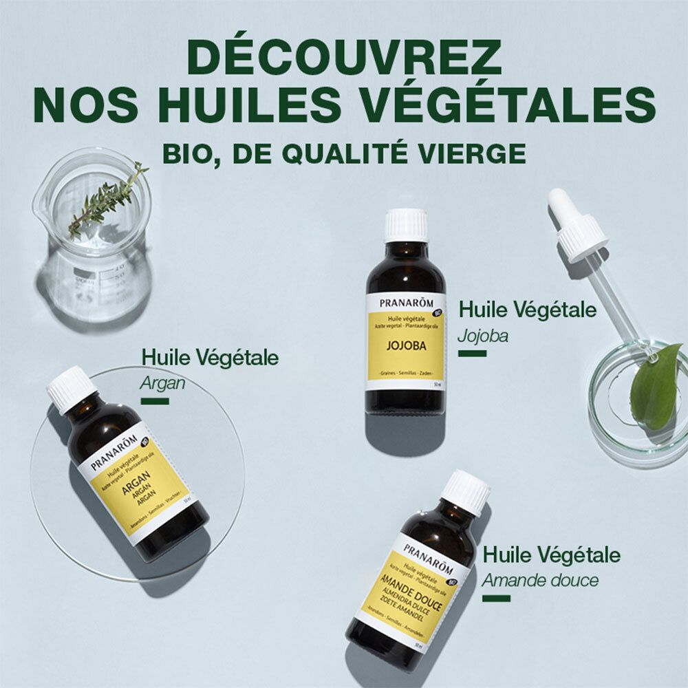 Verschiedene PRANAROM Pflanzenöle. Argan, Jojoba, Mandel. Bio-Zertifizierung.