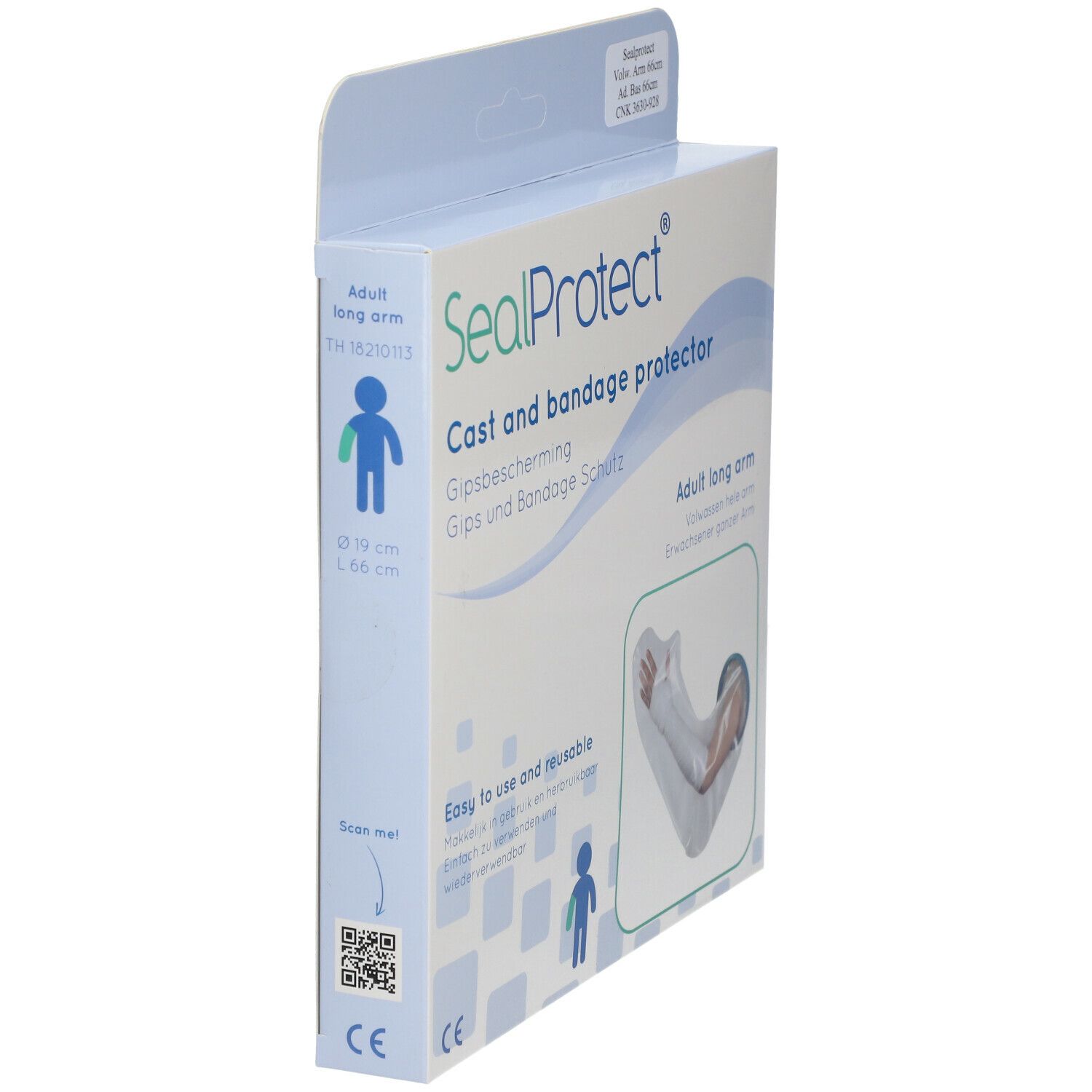 Vue latérale de l'emballage SealProtect® Arm 66 cm. Protection plâtre et bandage. Avec marquage CE.