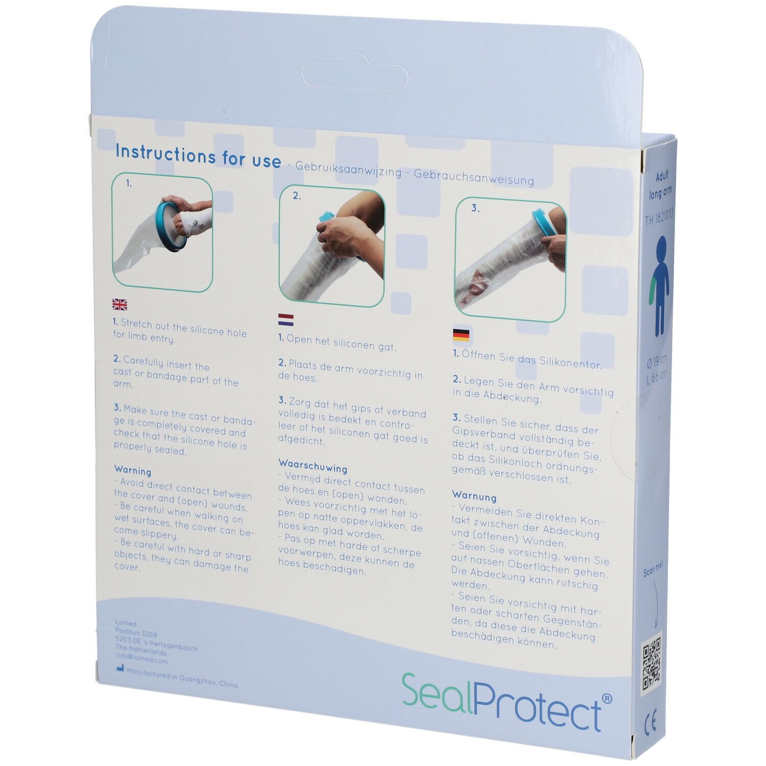 Dos de l'emballage SealProtect® Arm 66 cm. Instructions d'utilisation en trois langues. Avec avertissements.