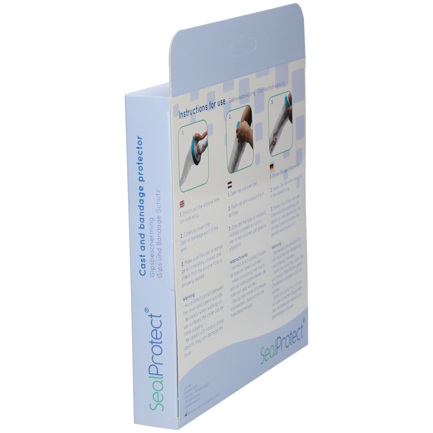 Vue latérale de l'emballage SealProtect® Arm 66 cm. Protection plâtre et bandage. Instructions d'utilisation.