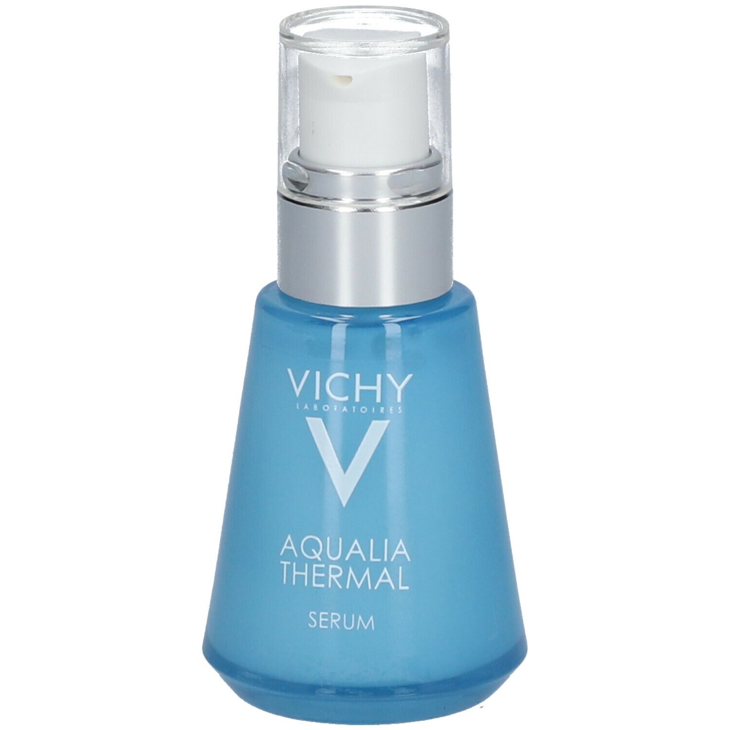 Flacon de sérum bleu clair avec pompe argentée. Inscription : Vichy, Aqualia Thermal, Sérum.