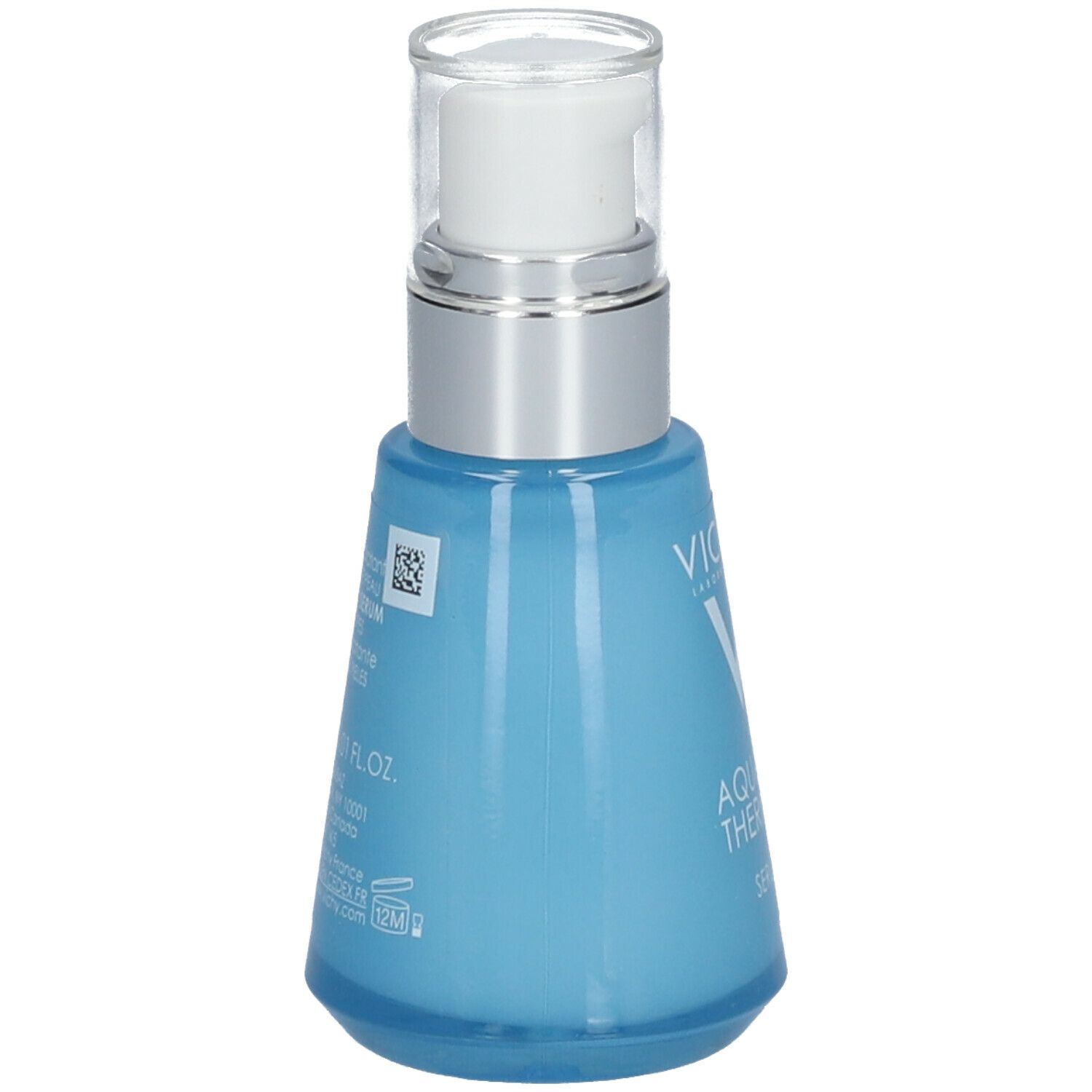 Flacon de sérum bleu clair avec pompe argentée. Inscriptions et code-barres au dos.