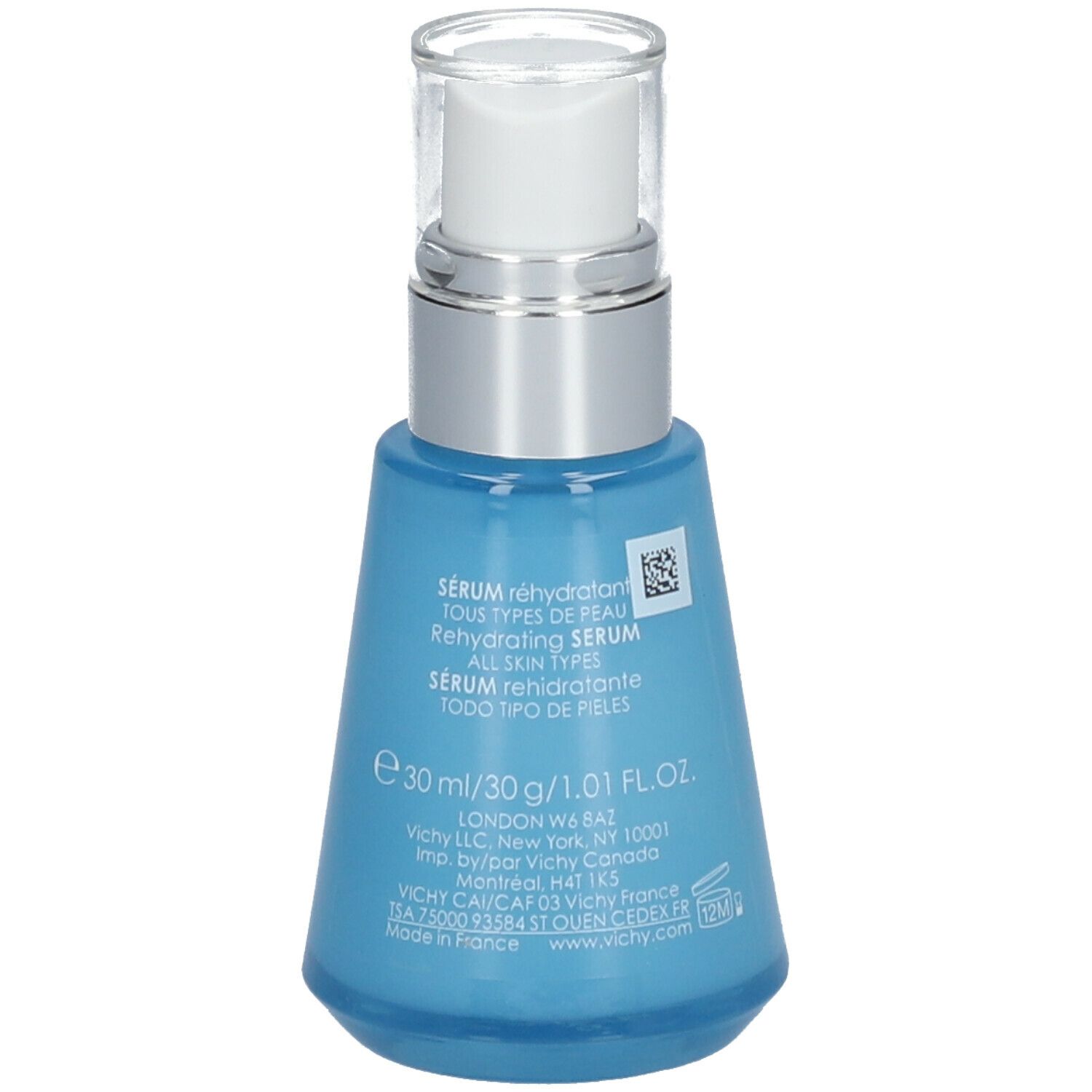 Flacon de sérum bleu clair avec pompe argentée. Dos avec texte : Sérum réhydratant, 30 ml.