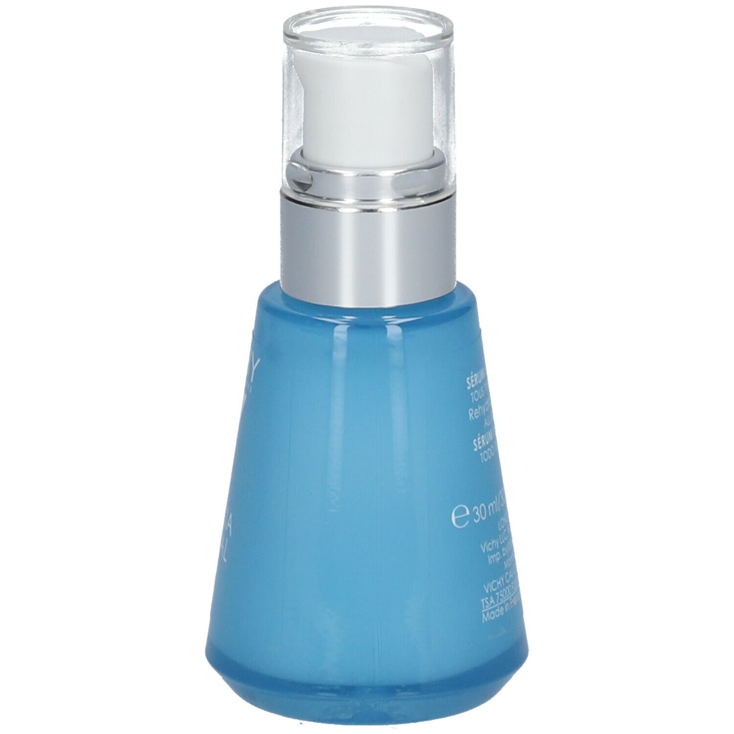 Flacon de sérum bleu clair avec pompe argentée. Dos avec texte : Sérum réhydratant, 30 ml.