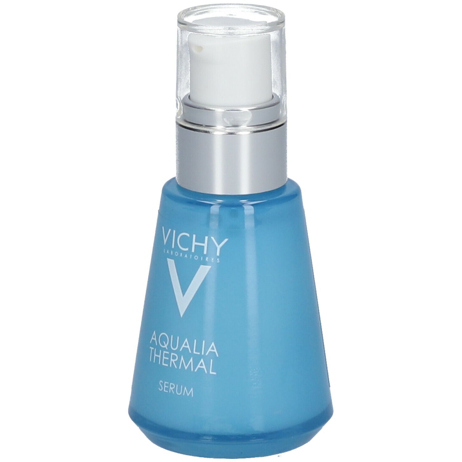 Flacon de sérum bleu clair avec pompe argentée. Inscription : Vichy, Aqualia Thermal, Sérum.