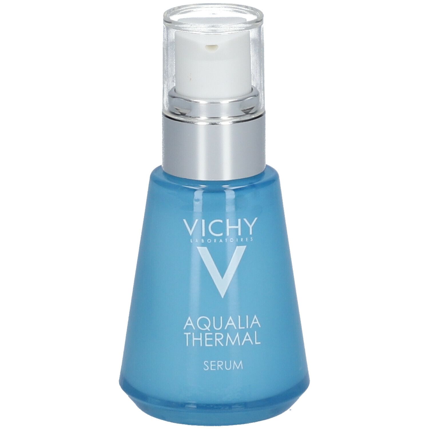 Flacon de sérum bleu clair avec pompe argentée. Inscription : Vichy, Aqualia Thermal, Sérum.