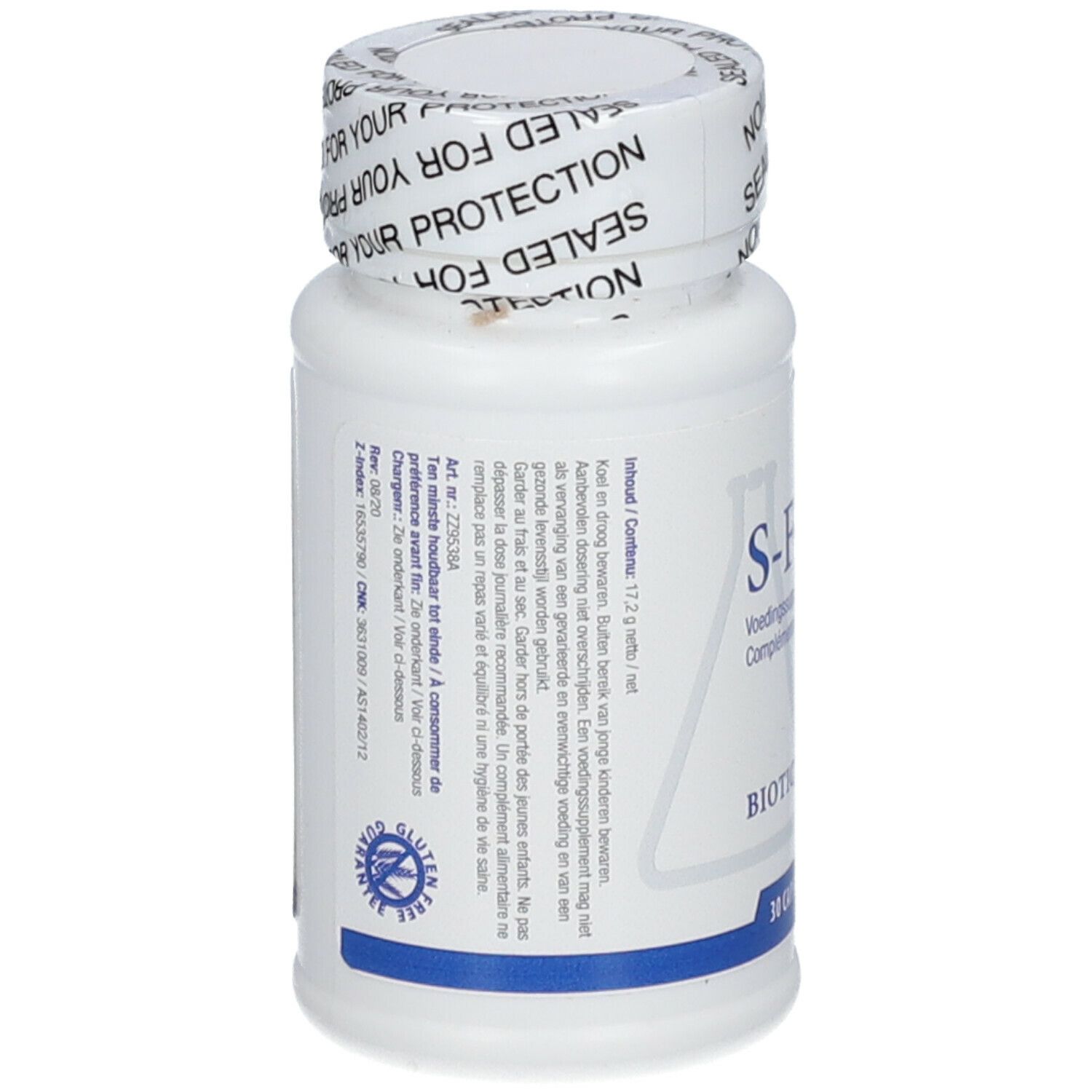 Achterkant van de witte fles. Tekstinformatie en logo BIOTICS RESEARCH® zichtbaar. Dop.
