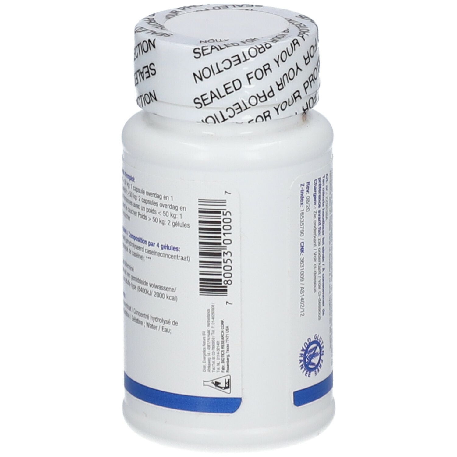 Achteraanzicht van de witte fles. Tekstinformatie en barcode zichtbaar. Dop.