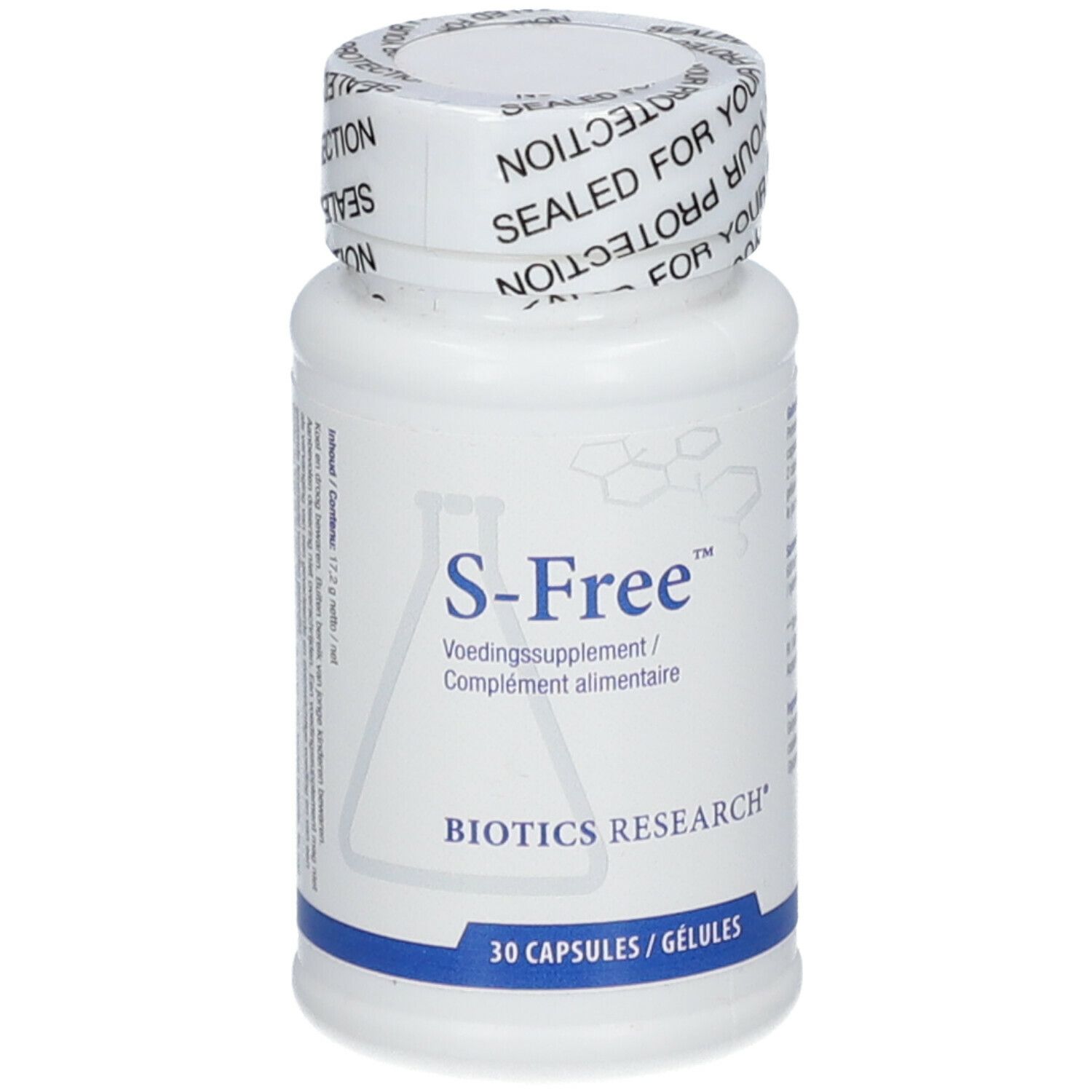 Witte fles met S-Free label. BIOTICS RESEARCH® en 30 capsules zichtbaar. Dop met opschrift.