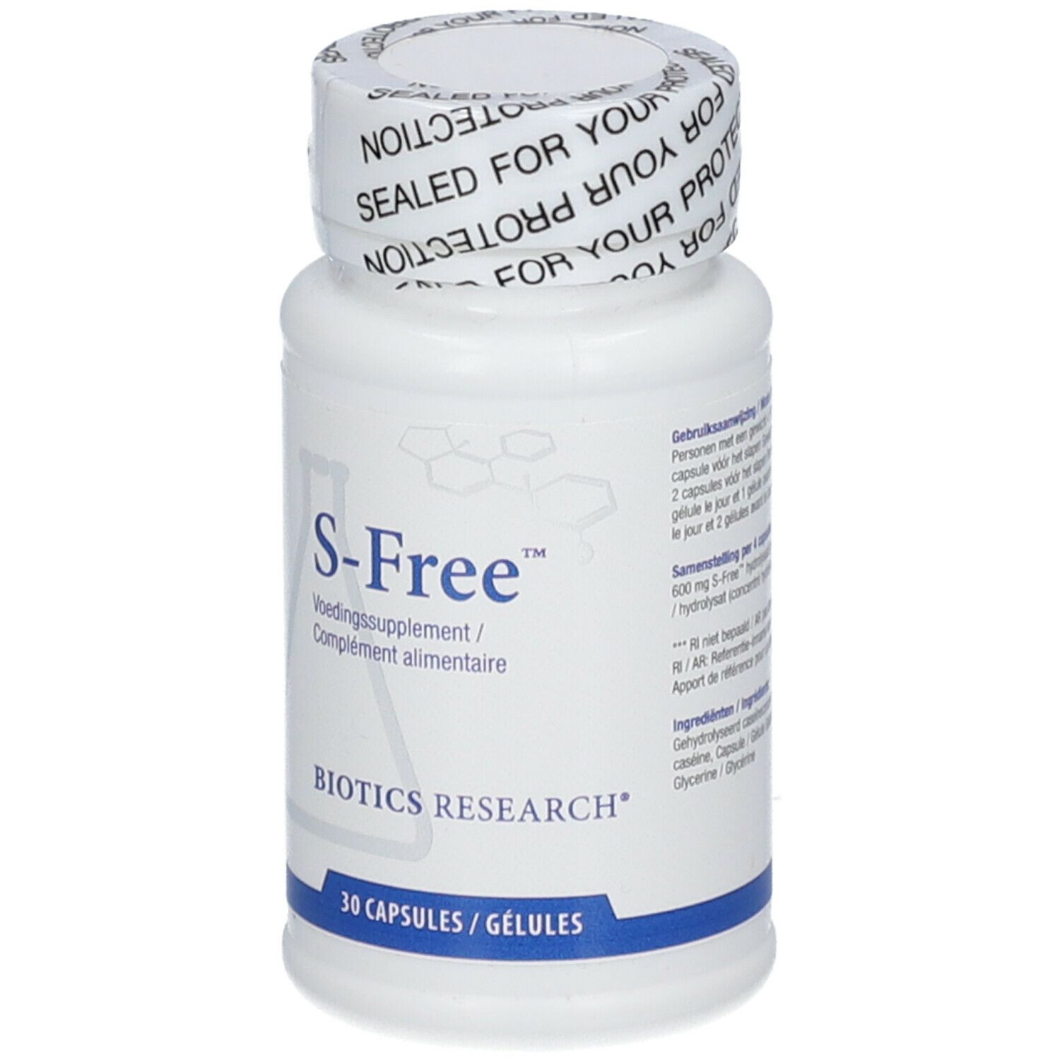 Witte fles met S-Free label. BIOTICS RESEARCH® en 30 capsules zichtbaar. Dop met opschrift.