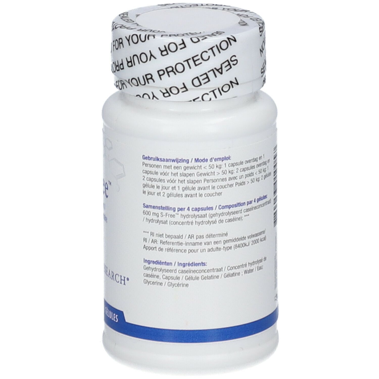 Achterkant van de witte fles. Tekstinformatie en logo BIOTICS RESEARCH® zichtbaar. Dop.