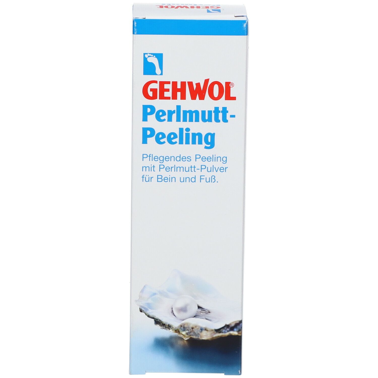 Emballage produit rectangulaire et haut. Inscription GEHWOL Perlmutt Peeling. Illustration d'une huître avec perle.