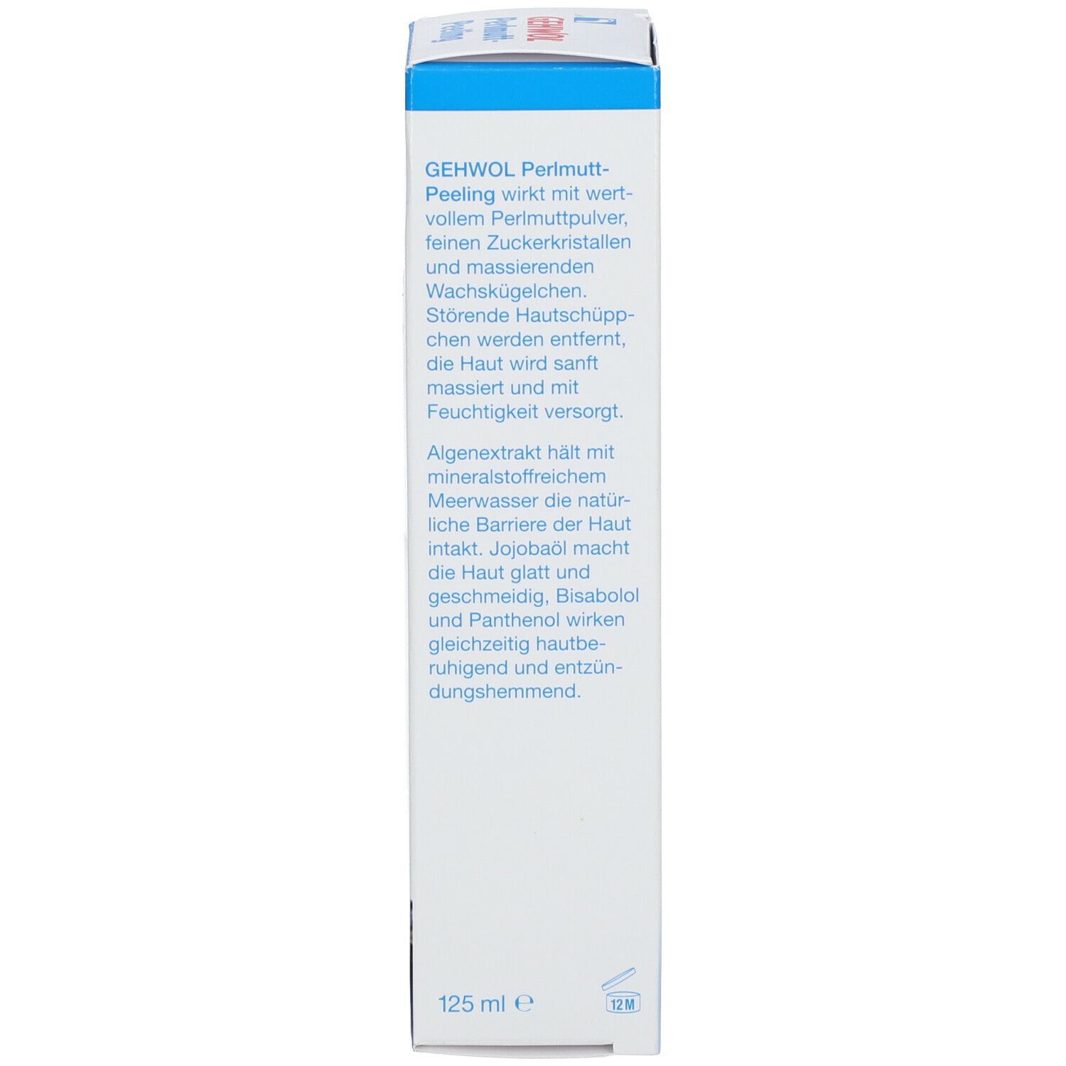Emballage produit rectangulaire. Contient du texte sur les ingrédients et l'utilisation. 125 ml. Fond bleu et blanc.