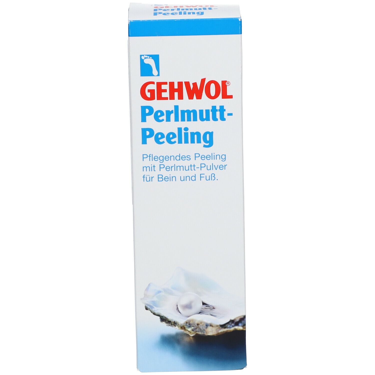Emballage produit rectangulaire et haut. Inscription GEHWOL Perlmutt Peeling. Illustration d'une huître avec perle. Fond bleu et blanc.
