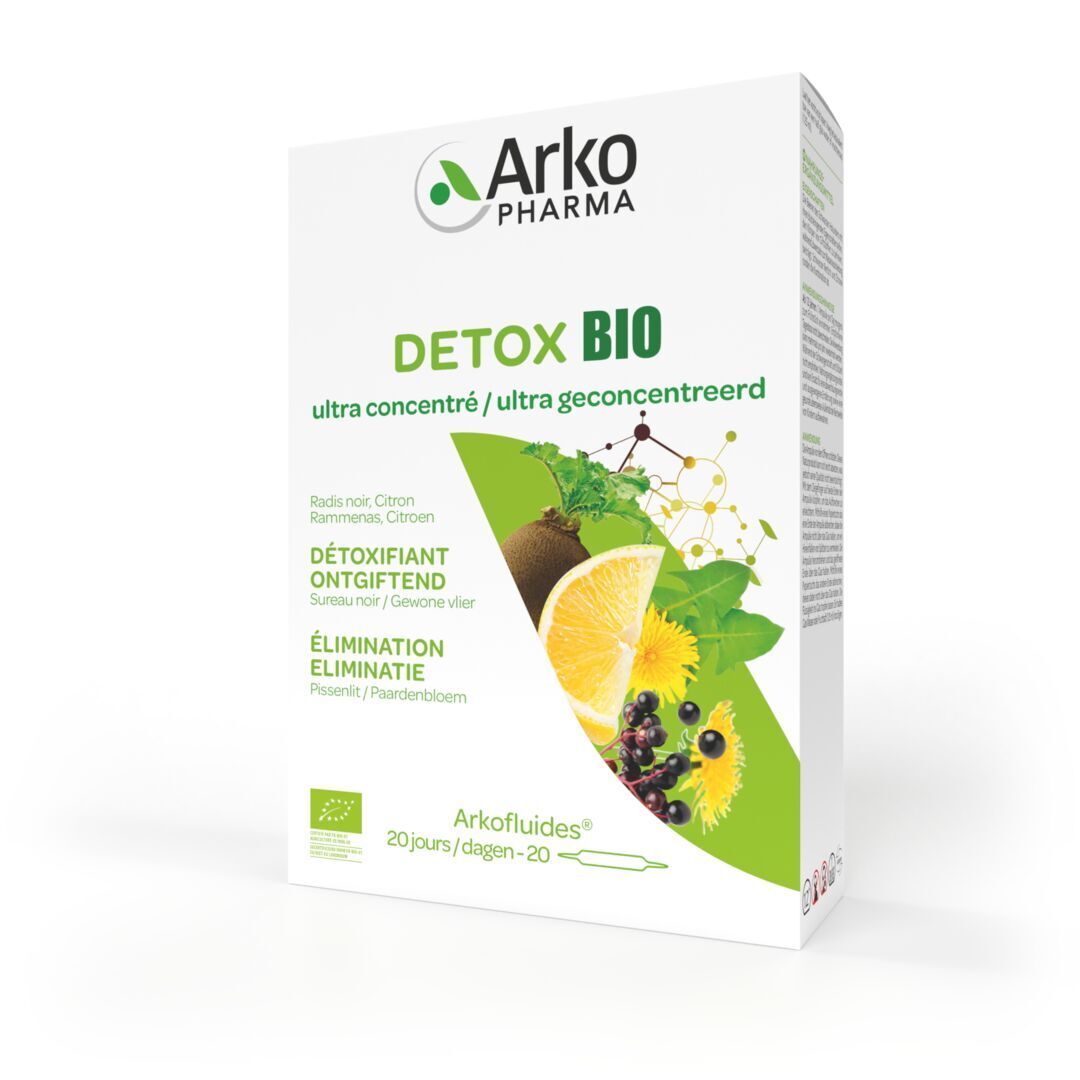 Boîte Arkofluides Detox Bio. Inscriptions: Detox Bio, ingrédients, label AB, 20 jours, Arkopharma. Illustration de plantes.