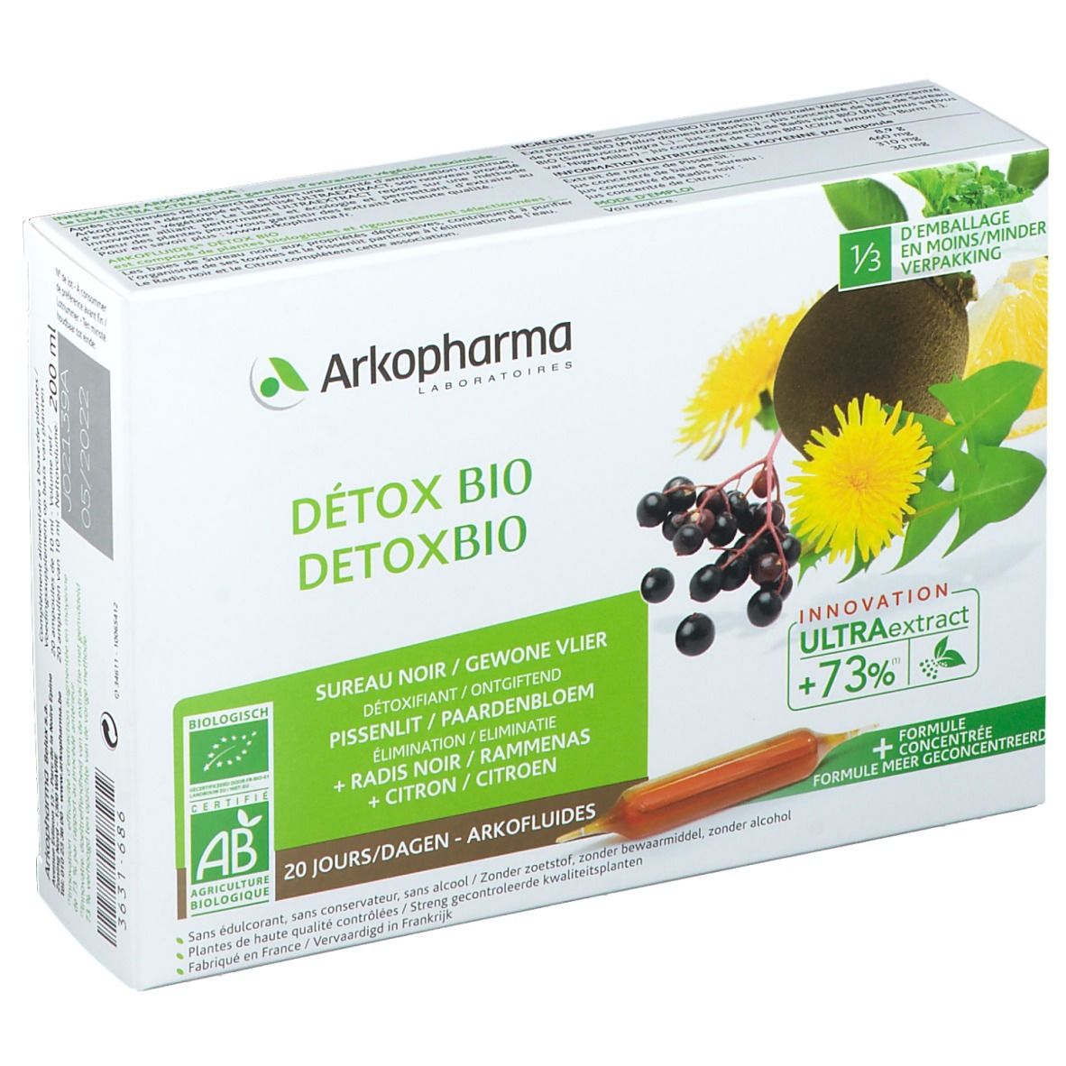 Boîte Arkofluides Detox Bio. Inscriptions: Detox Bio, ingrédients, label AB, 20 jours, Arkopharma.