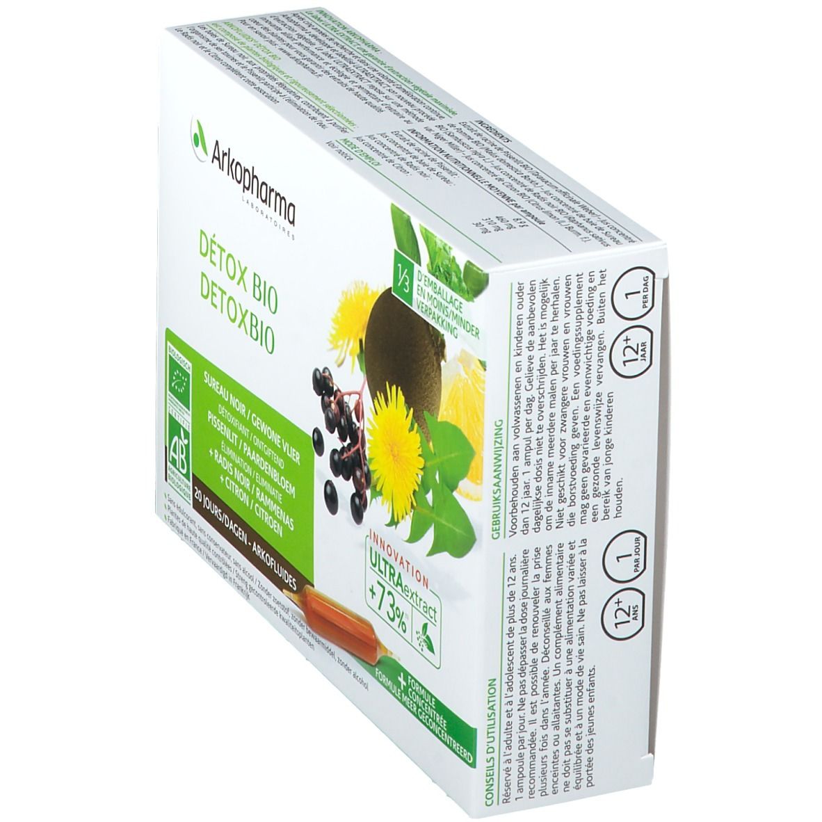 Boîte Arkofluides Detox Bio en biais. Inscriptions: Detox Bio, ingrédients, label AB, 20 jours, Arkopharma.