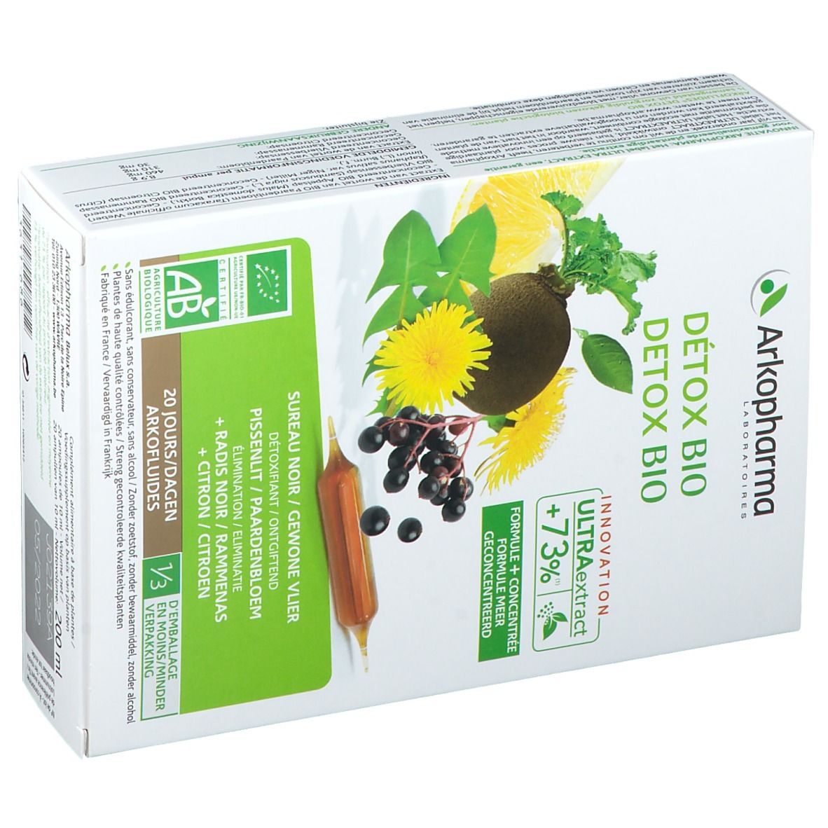 Boîte Arkofluides Detox Bio. Inscriptions: Detox Bio, ingrédients, label AB, 20 jours, Arkopharma. Illustration de plantes.