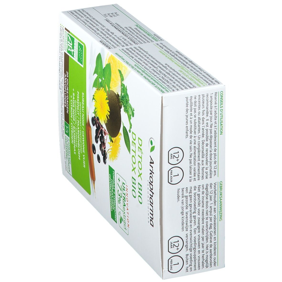 Boîte Arkofluides Detox Bio en biais. Inscriptions: Detox Bio, ingrédients, label AB, 20 jours, Arkopharma.