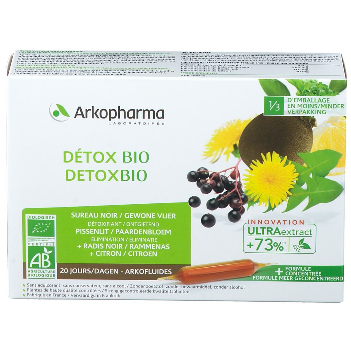 Boîte Arkofluides Detox Bio. Inscriptions: Detox Bio, ingrédients, label AB, 20 jours, Arkopharma. Illustration de plantes.