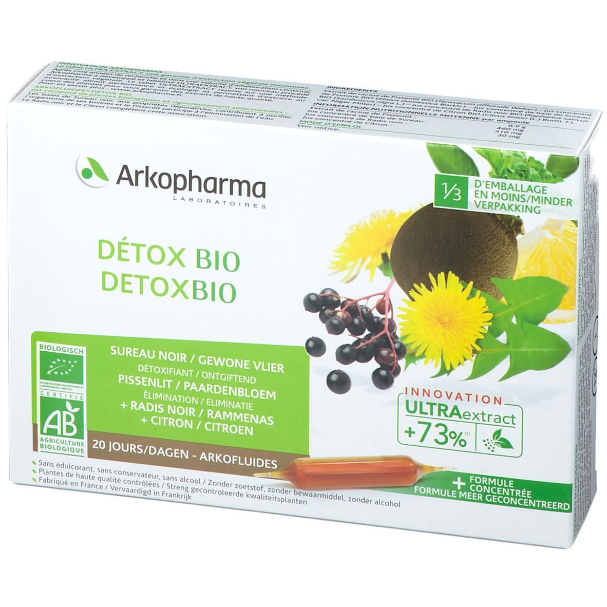 Boîte Arkofluides Detox Bio. Inscriptions: Detox Bio, ingrédients, label AB, 20 jours, Arkopharma. Illustration de plantes.
