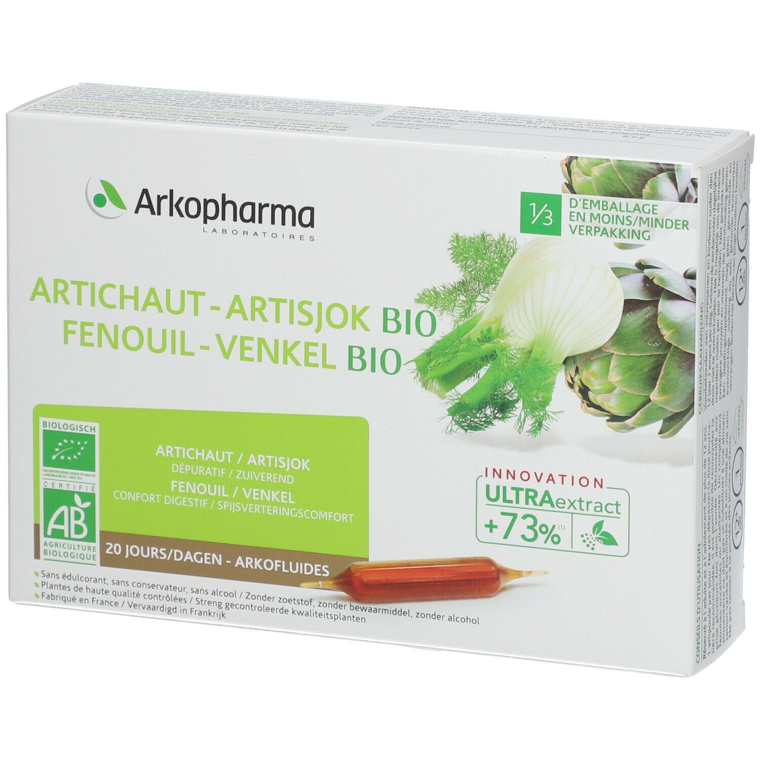 Scatola con illustrazione prodotto. Testo: Artichaut-Artisjok Bio, Finocchio-Venkel Bio. Logo AB-Bio.
