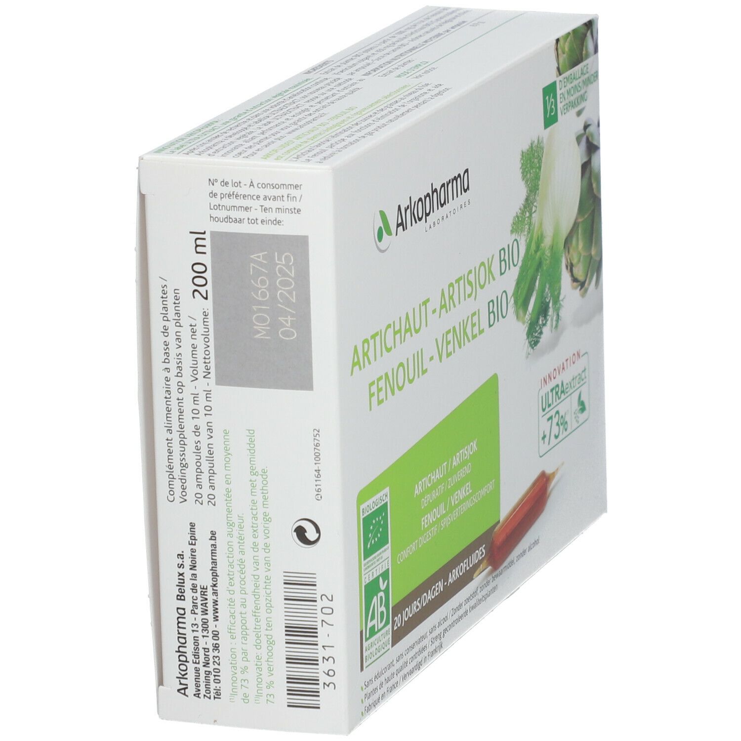 Scatola, vista laterale. Testo: Artichaut-Artisjok Bio, Finocchio-Venkel Bio. Volume: 200 ml. Scadenza 04/2025.