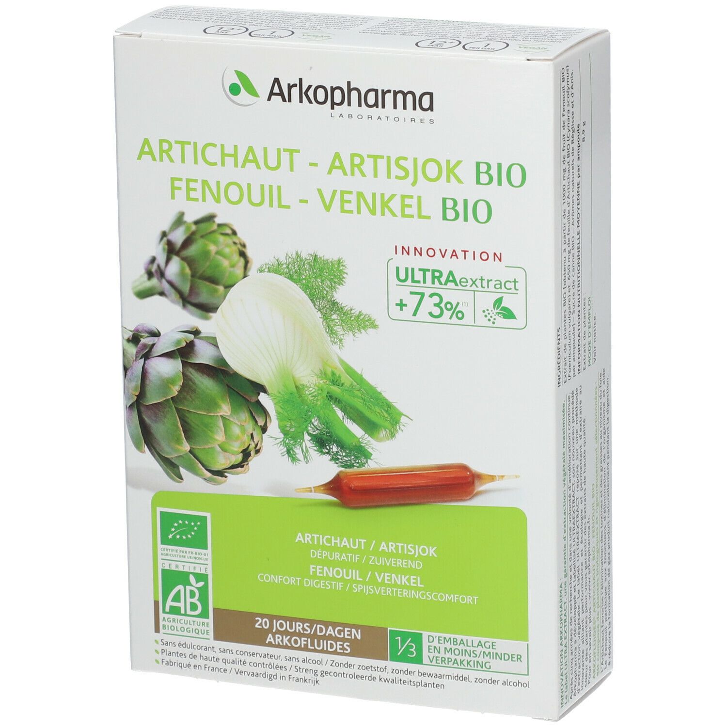 Scatola con illustrazione prodotto. Testo: Artichaut-Artisjok Bio, Finocchio-Venkel Bio. Logo AB-Bio. Illustrazione di carciofi e finocchi.
