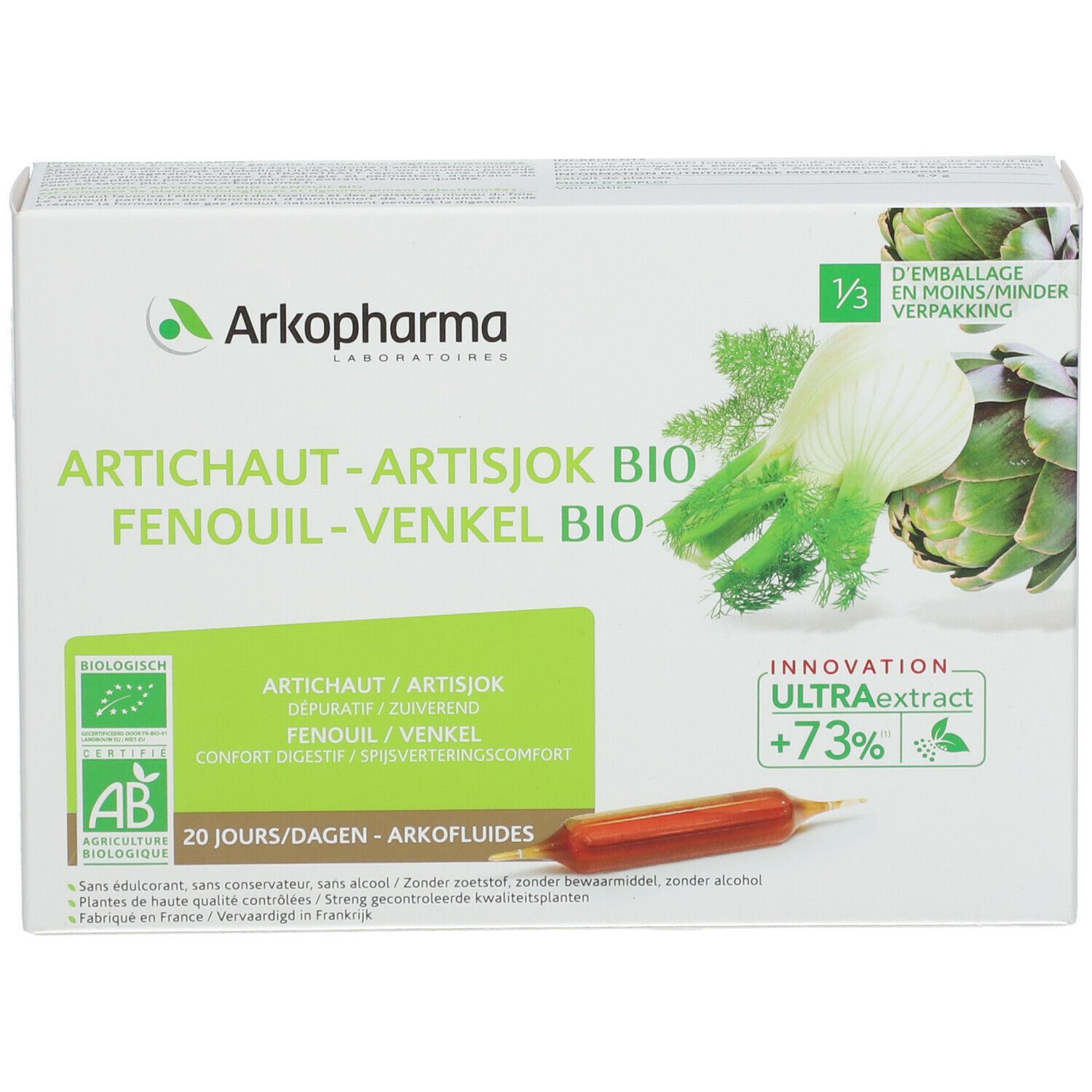 Scatola con illustrazione prodotto. Testo: Artichaut-Artisjok Bio, Finocchio-Venkel Bio. Logo AB-Bio. Illustrazione di carciofi e finocchi.