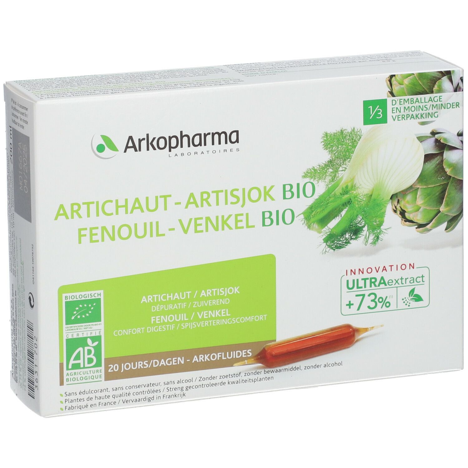 Scatola con illustrazione prodotto. Testo: Artichaut-Artisjok Bio, Finocchio-Venkel Bio. Logo AB-Bio. Illustrazione di carciofi e finocchi.