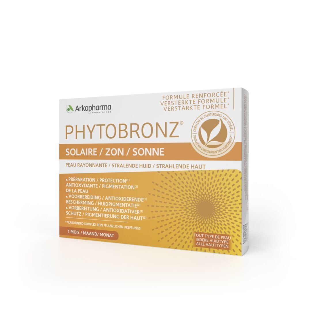Boîte Arkopharma Phytobronz. Texte multilingue. Fond jaune avec motif solaire. Logo et nom du produit.