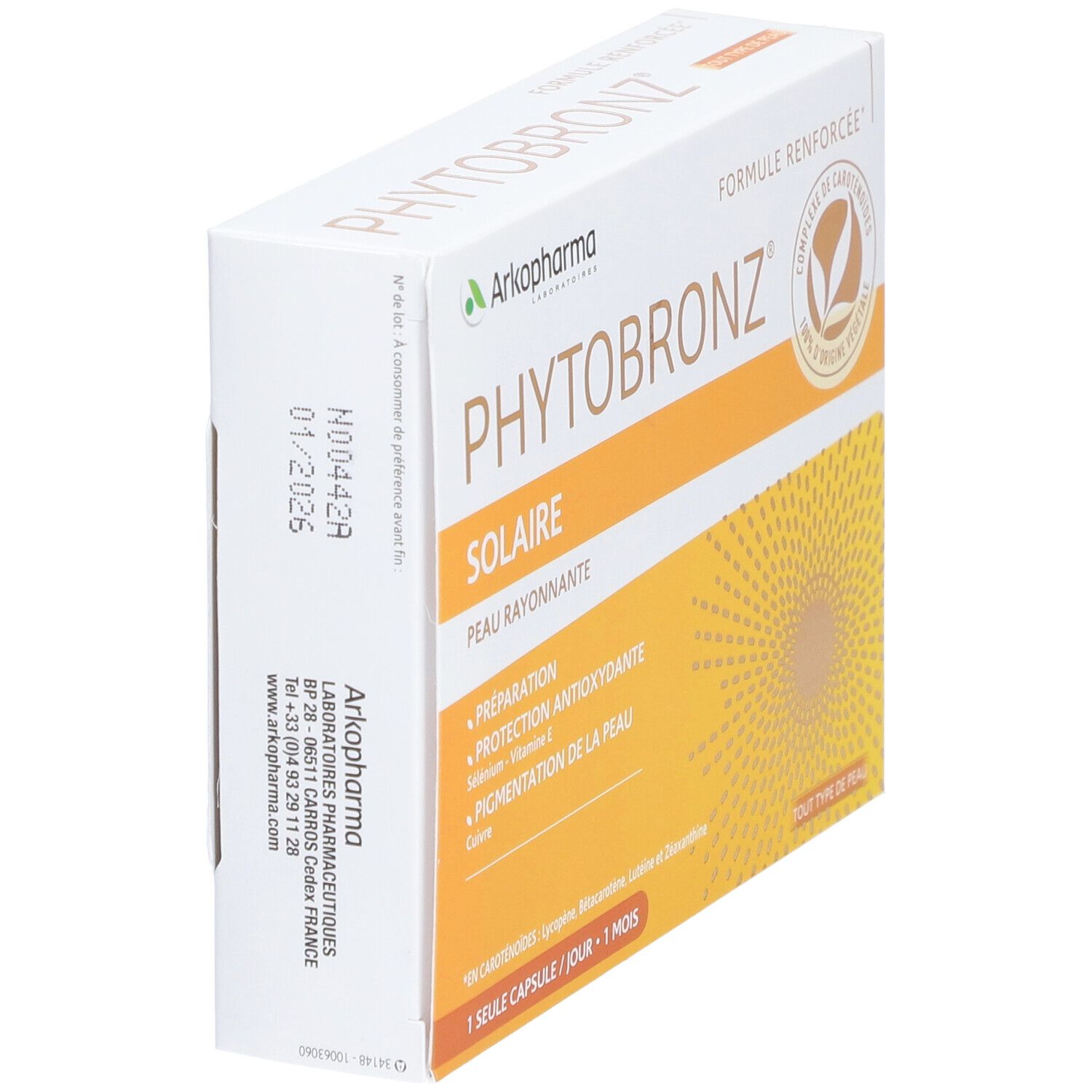 Boîte Arkopharma Phytobronz, vue latérale. Logo, nom du produit et texte. Date et adresse du fabricant.